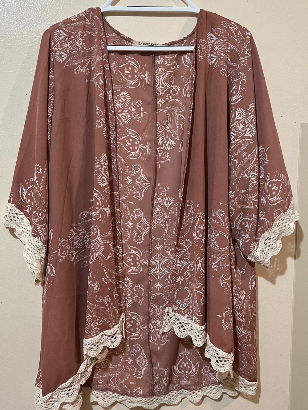 NWOT KIMONO Open Front Cover - Liberty Love - Mushroom/Off White - Crochet Trim